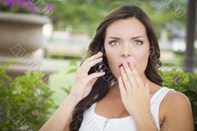 Shocked Young Adult Female Talking on Cell Phone Outdoors