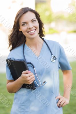 Young Adult Woman Doctor or Nurse Holding Touch Pad
