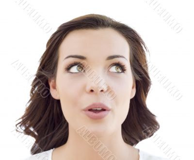 Pensive Young Adult Woman Looking Up on White