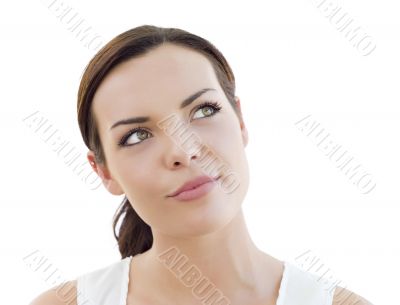 Pensive Young Adult Woman Looking Up on White