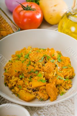 curry beef rice and potatoes