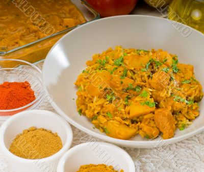curry beef rice and potatoes