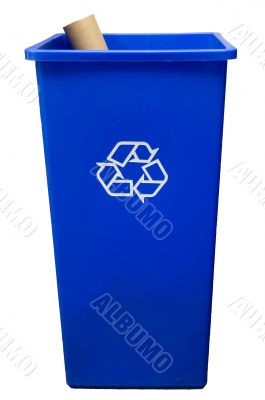 Trash can on white background with a roll of paper