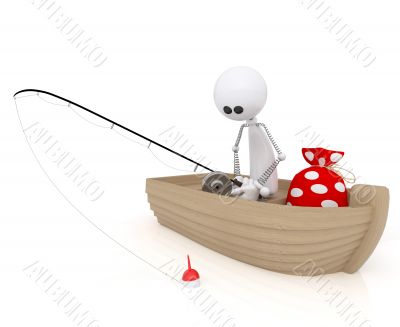 3d white little man fisherman.
