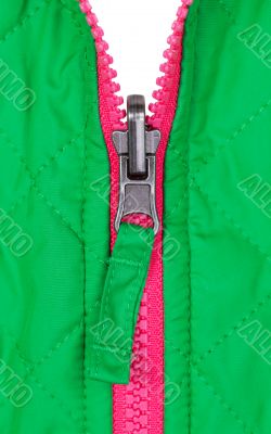 pink zipper on the green jacket