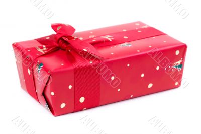 Red gift box with ribbon and bow isolated on the white backgroun