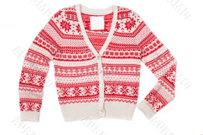 Bright knitted sweater with red pattern