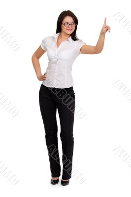 Brunette businesswoman touching virtual pad transparent key with