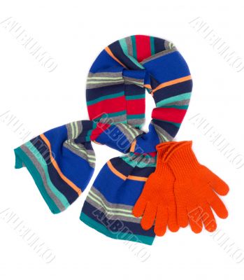 striped scarf and orange gloves