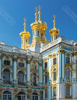 golden domes with crosses of catherine`s palace in tsarkoie selo