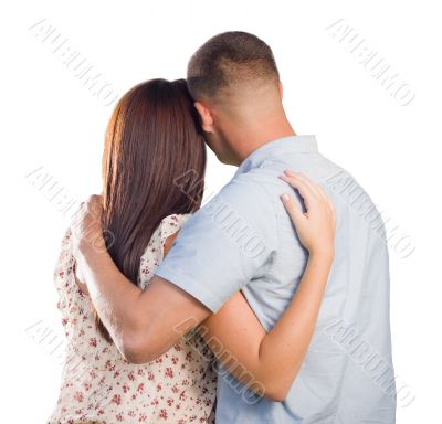 Military Couple From Behind Hugging Looking Away on White