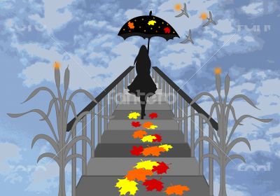 Girl with umbrella walking on the pier and falling maple leaves