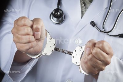 Doctor or Nurse In Handcuffs Wearing Lab Coat and Stethoscope