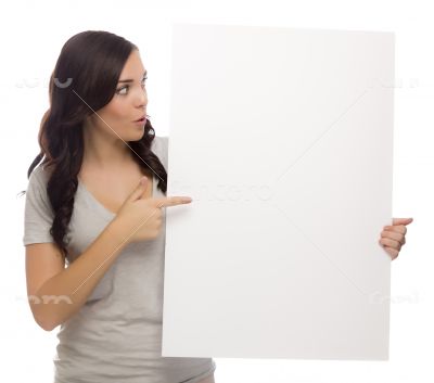 Beautiful Mixed Race Female Holding Blank Sign on White