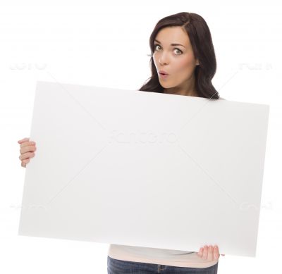 Wide Eyed Mixed Race Female Holding Blank Sign on White