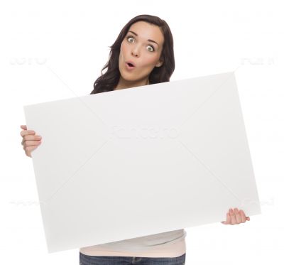 Wide Eyed Mixed Race Female Holding Blank Sign on White
