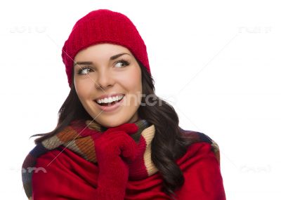 Mixed Race Woman Wearing Mittens and Hat Looks to Side