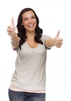Pretty Mixed Race Female Model Giving Thumbs Up on White