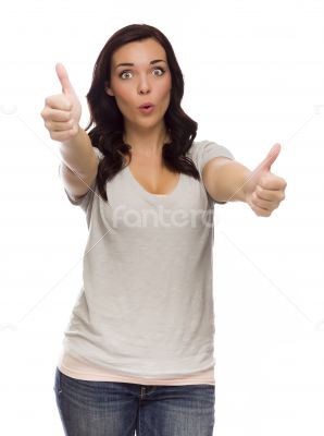 Wide Eyed Mixed Race Model Giving Thumbs Up on White