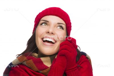 Mixed Race Woman Wearing Mittens and Hat Looks to Side