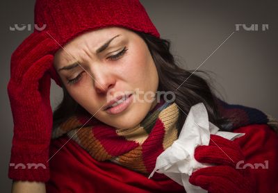 Miserable Mixed Race Woman Blowing Her Sore Nose with Tissue