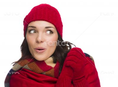 Mixed Race Woman Wearing Mittens and Hat Looks to Side