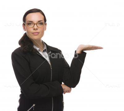 Confident Mixed Race Businesswoman Gesturing with Hand to the Side