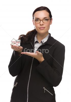 Mixed Race Businesswoman Holding Small House to the Side