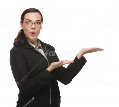 Confident Mixed Race Businesswoman Gesturing with Hand to the Si