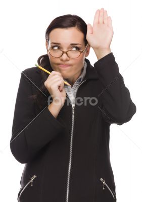 Timid Mixed Race Businesswoman Raises Her Hand to Ask Question 