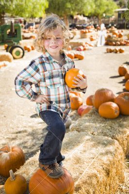 Little Boy Holding His Pumpkin at a Pumpkin Patch