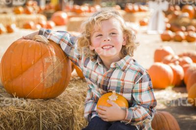 Little Boy Sitting and Holding His Pumpkin at Pumpkin Patch