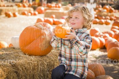 Little Boy Sitting and Holding His Pumpkin at Pumpkin Patch