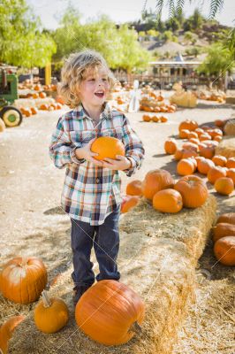 Little Boy Holding His Pumpkin at a Pumpkin Patch