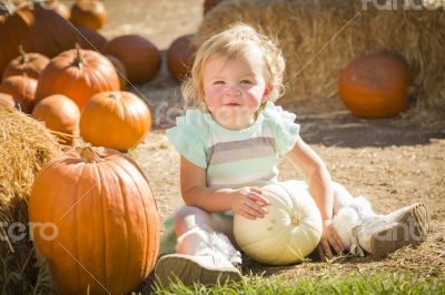 Adorable Baby Girl Holding a Pumpkin at the Pumpkin Patch