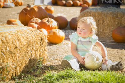 Adorable Baby Girl Holding a Pumpkin at the Pumpkin Patch