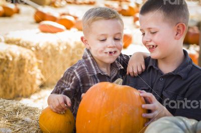 Two Boys at the Pumpkin Patch Talking and Having Fun