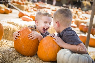 Two Boys at the Pumpkin Patch Talking and Having Fun