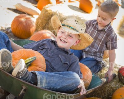 Two Little Boys Playing in Wheelbarrow at the Pumpkin Patch