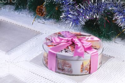 New year`s or Christmas gift in a nice box with the image of win