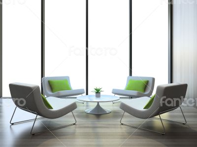 Modern interior with four armchairs and coffe table