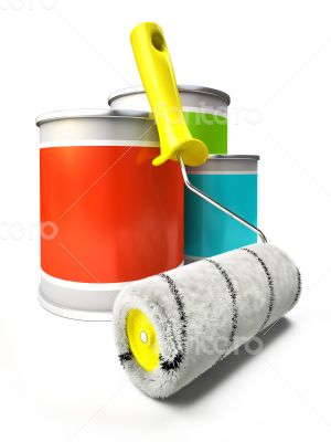 Paint cans and roller isolated on white background