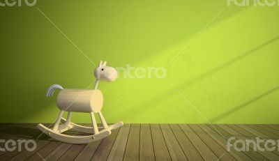 Wood horse in interior with green wall
