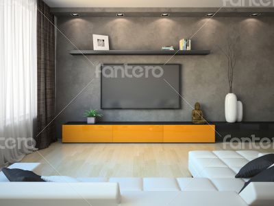 Modern interior with orange cabinet and TV