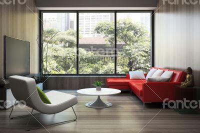 Modern interior with red sofa