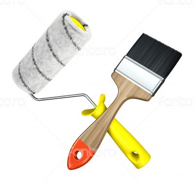 Paint roller and brush isolated on white background