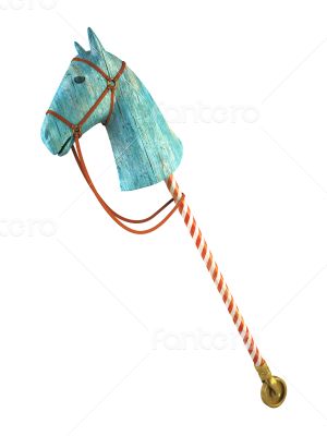 Blue wood horse on stick isolated on white background (symbol of