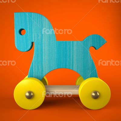 Blue wood horse toy on red background