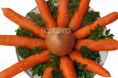 Carrot, onion and parsley on the plate on a white background.