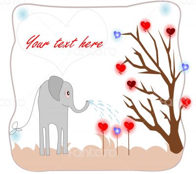 Cute elephant watering seedlings with hearts of love card